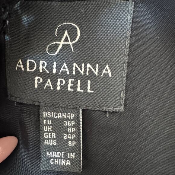 Adrianna Papell Black Satin Beaded Mesh V-Neck Evening Gown Size 4P - Picture 7 of 11